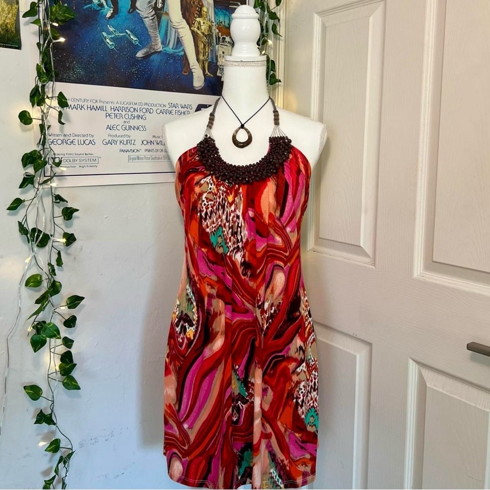 Heart Soul Red and Pink Swirl Beaded neckline Dress
